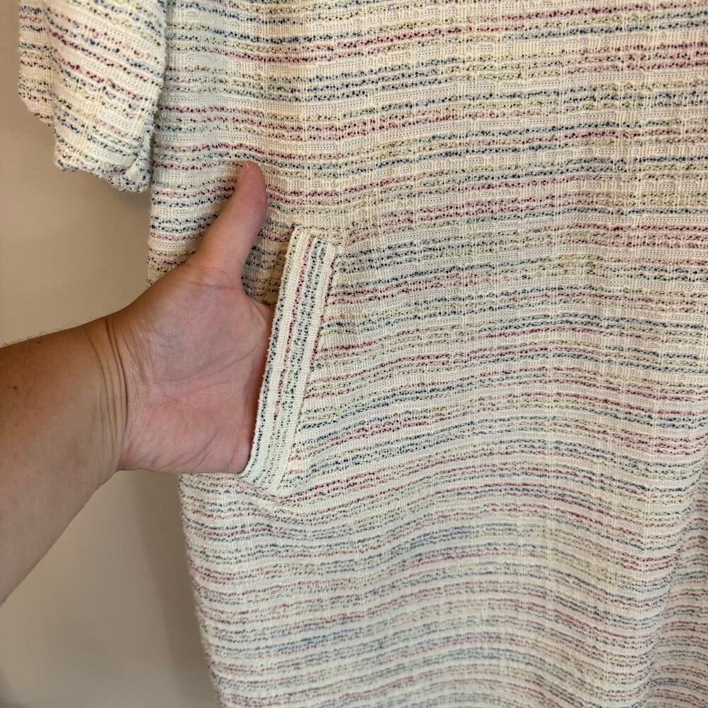 Loft Women's Cream Striped Bubble Sleeve Pocketed Shift Mini Dress Size 16/18 - Picture 9 of 9
